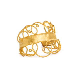 Gold Wire Cuff featuring 24k gold-plated wirework with intricate loops and swirls, adjustable open design.