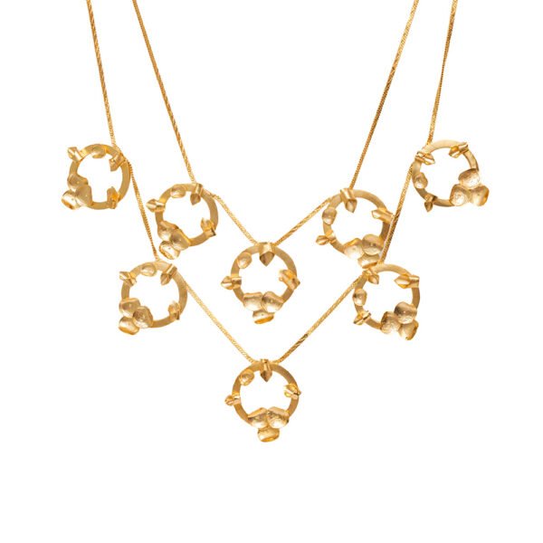 4k gold-plated necklace with intricate floral design and multi-layered pendants