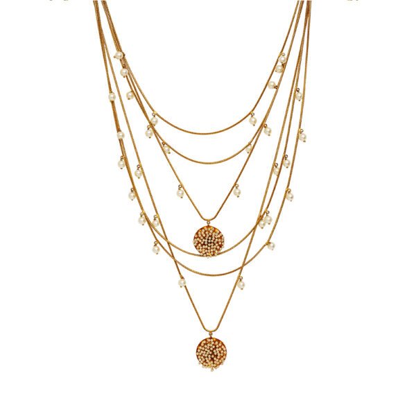 Chaplet de Perla Necklace featuring delicate pearl drops and ornate circular pendants on 24k gold-plated chains