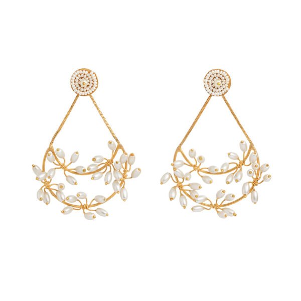 Gold Plated Earrings UK with botanical design and white pearls