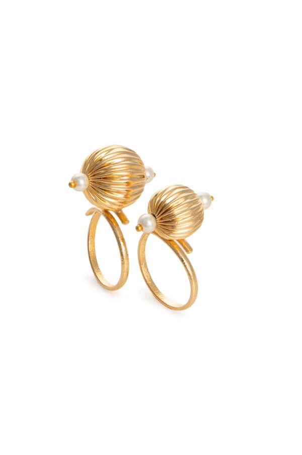 Faustina Stackable Ring with 24k gold-plated finish, fluted gold spheres, and delicate pearls. Ideal for elegant and versatile styling.