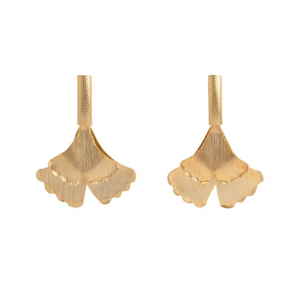 24k gold ginkgo leaf earrings with intricate detailing, showcasing nature-inspired elegance.