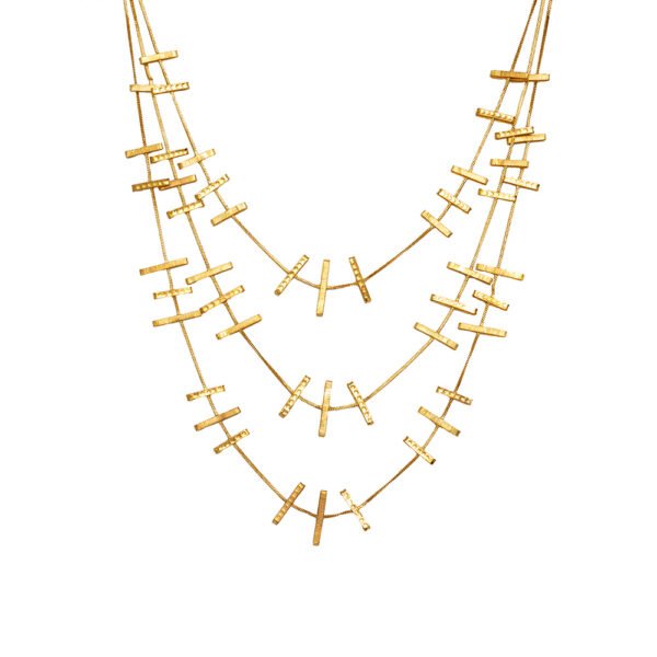 Gold Ladder Necklace featuring 24k gold-plated bars in a geometric design."