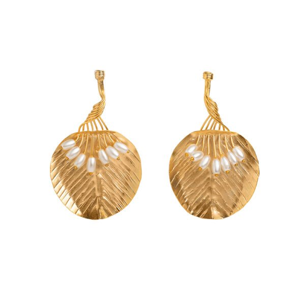 Patram Hanging Earrings with 24k Gold Leaf Motifs and White Pearls