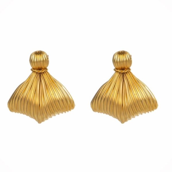 "Bellona Earrings with 24k gold-plated fan-shaped design, showcasing a luxurious and bold look."