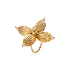 24k Gold Plated Ring with Pearls featuring a star-like design with delicate pearls at each petal tip.