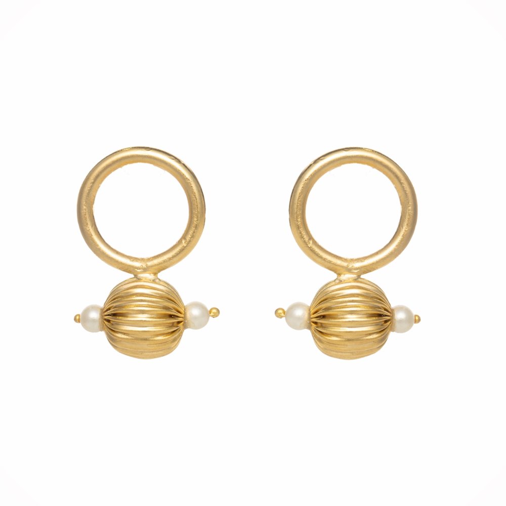 "Gold-Plated Luna Earrings with Celestial Design and Pearls"